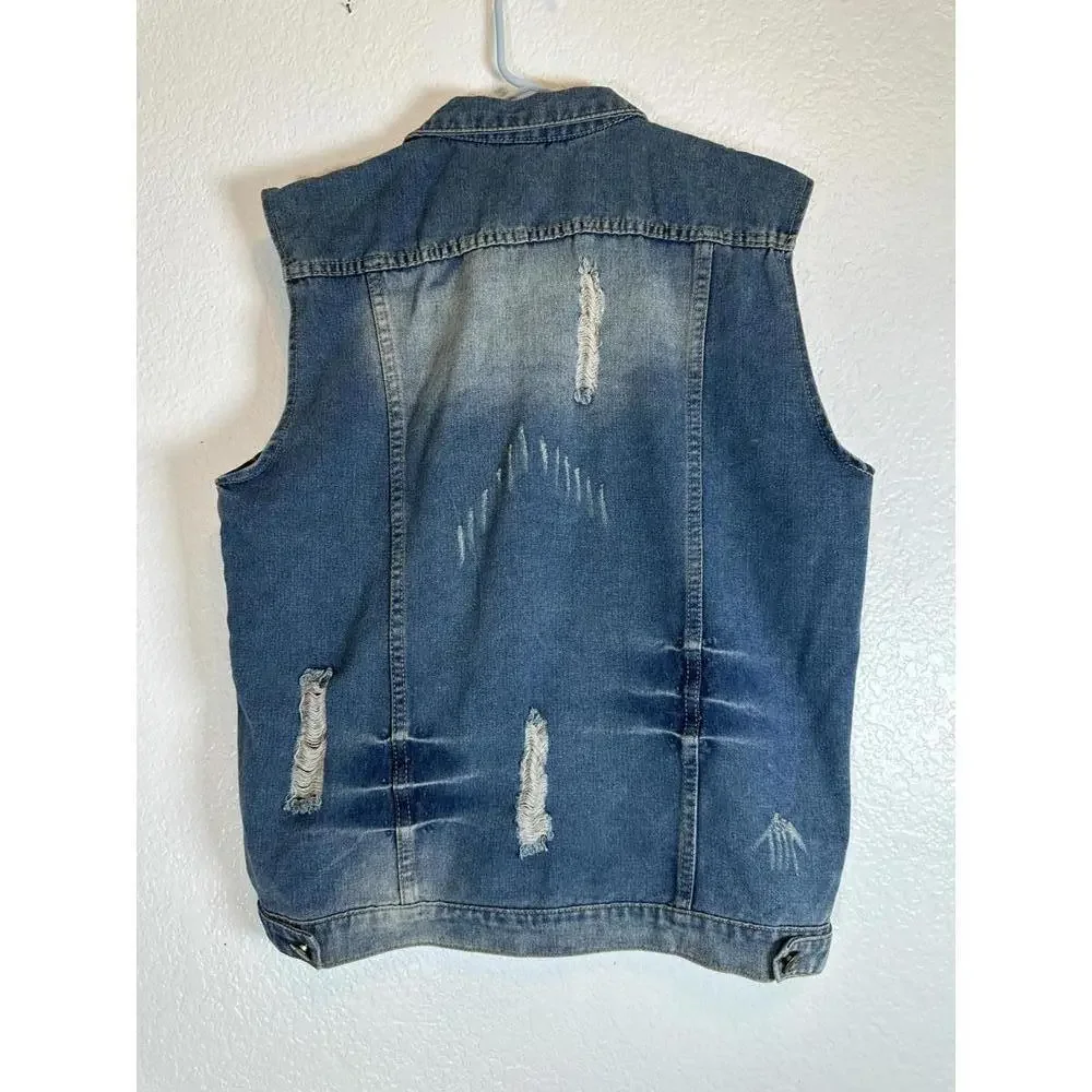 Distressed Denim Motorcycle Jacket Ripped Slashed Patched
